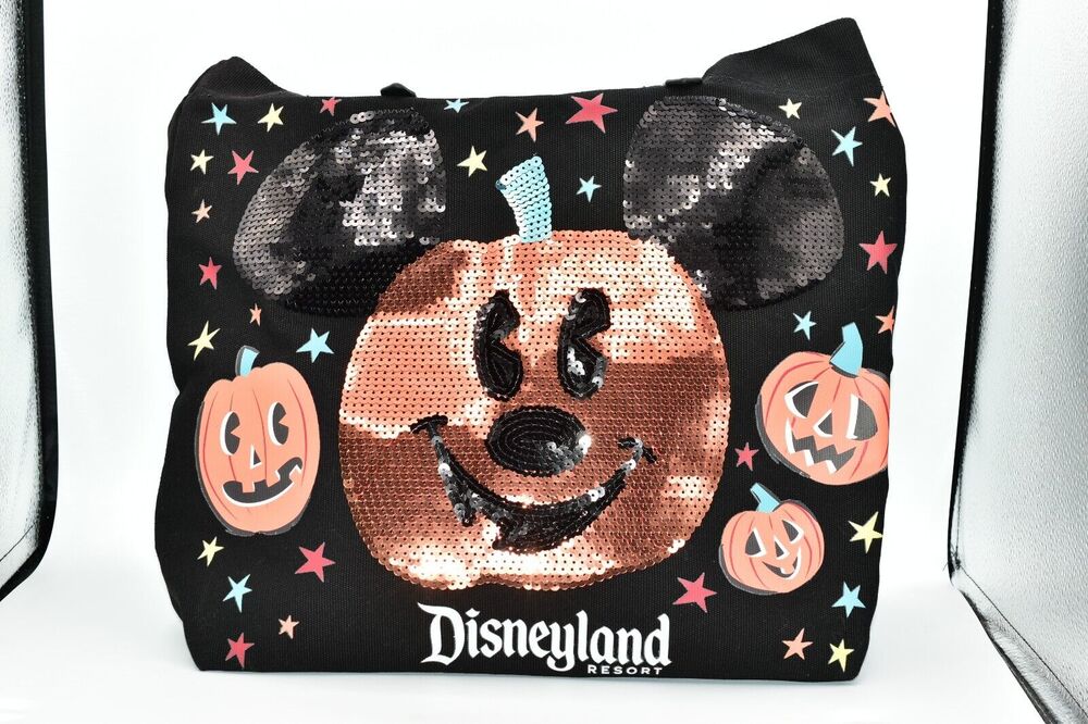 Disneyland Resort Halloween Sequin Pumpkin Mickey Mouse Open Top Tote Bag Black